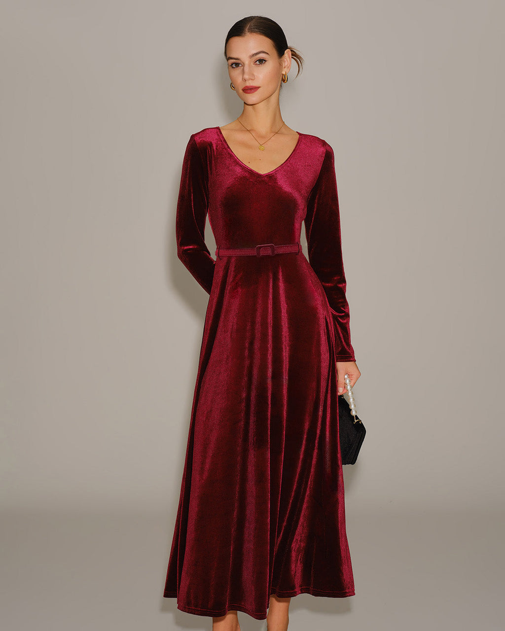 V Neck Maxi Dress in Wine Red Velour