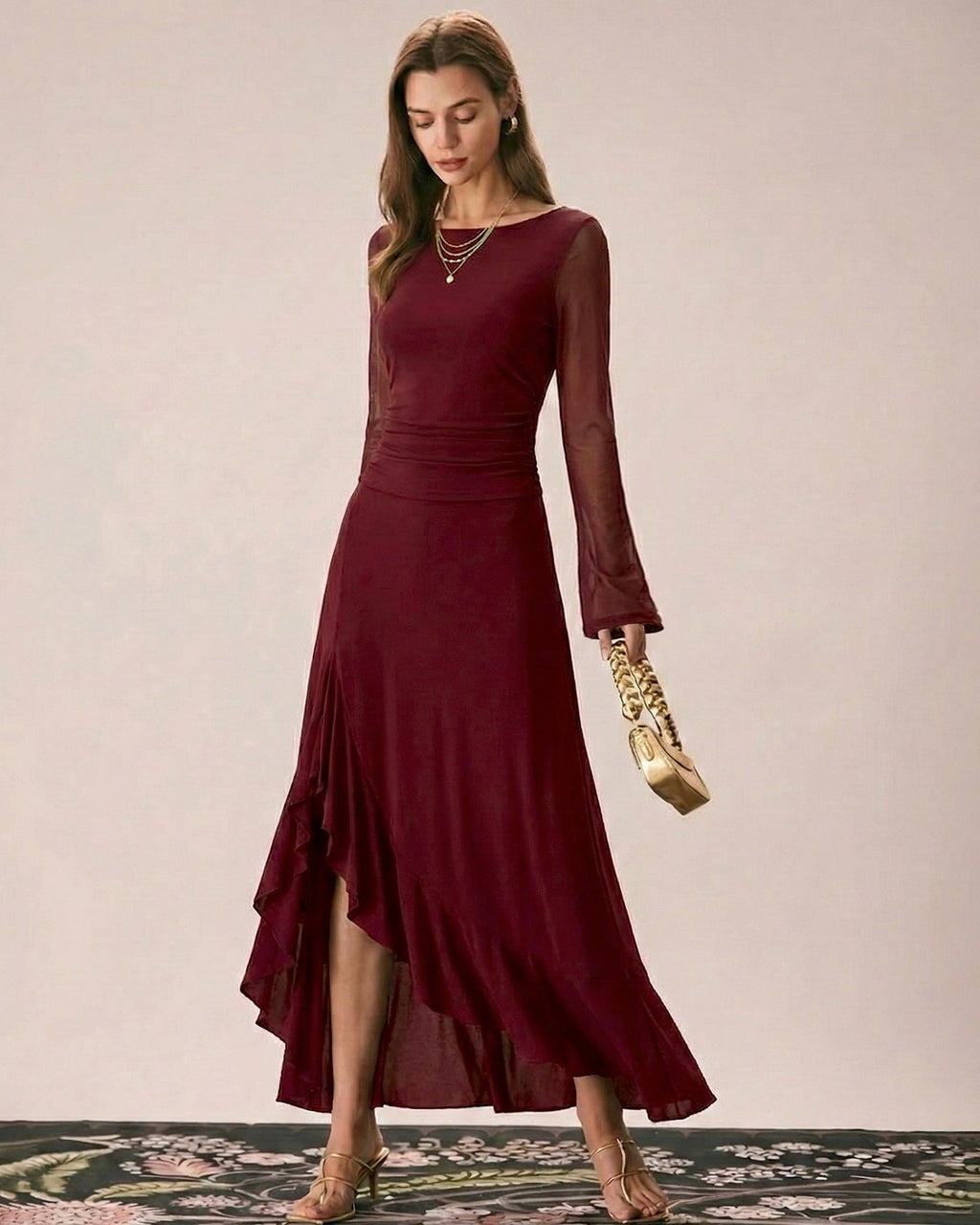 Crimson Boat Neck Maxi Dress
