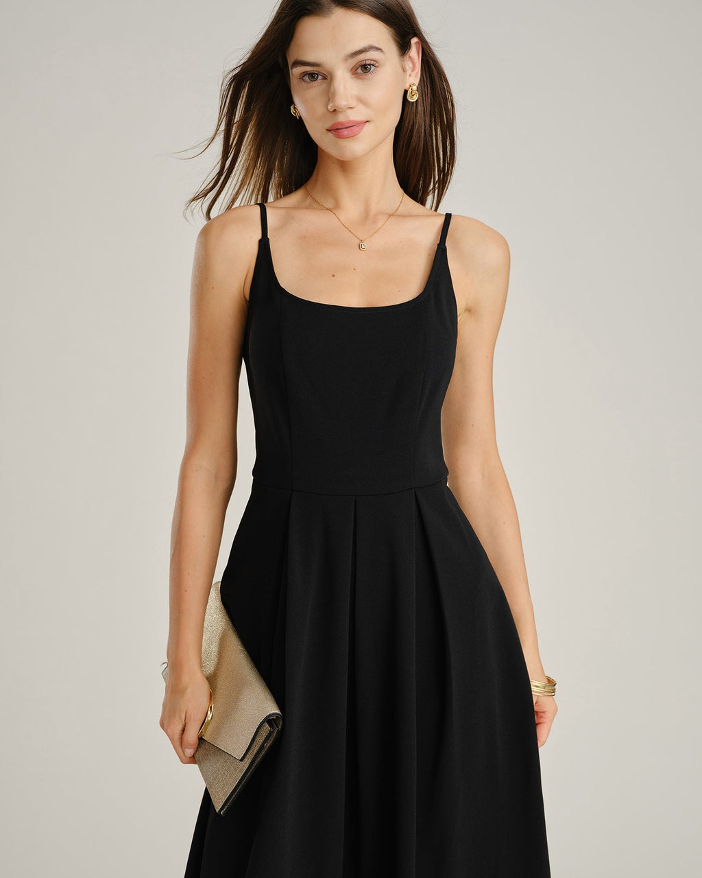 Black A-Line Maxi Dress with Ruched Slip Design