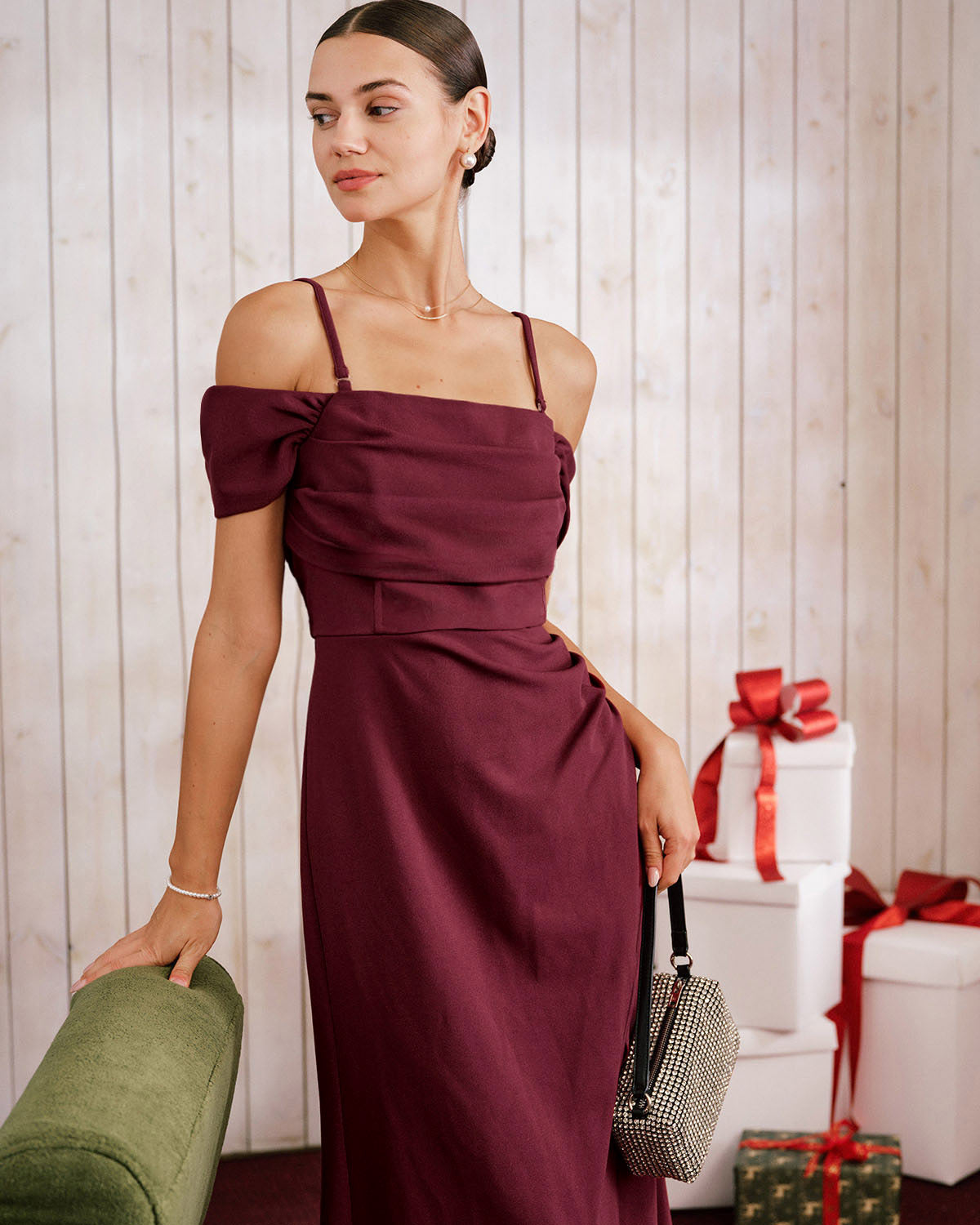 Off-the-Shoulder Maxi Dress in Wine Red