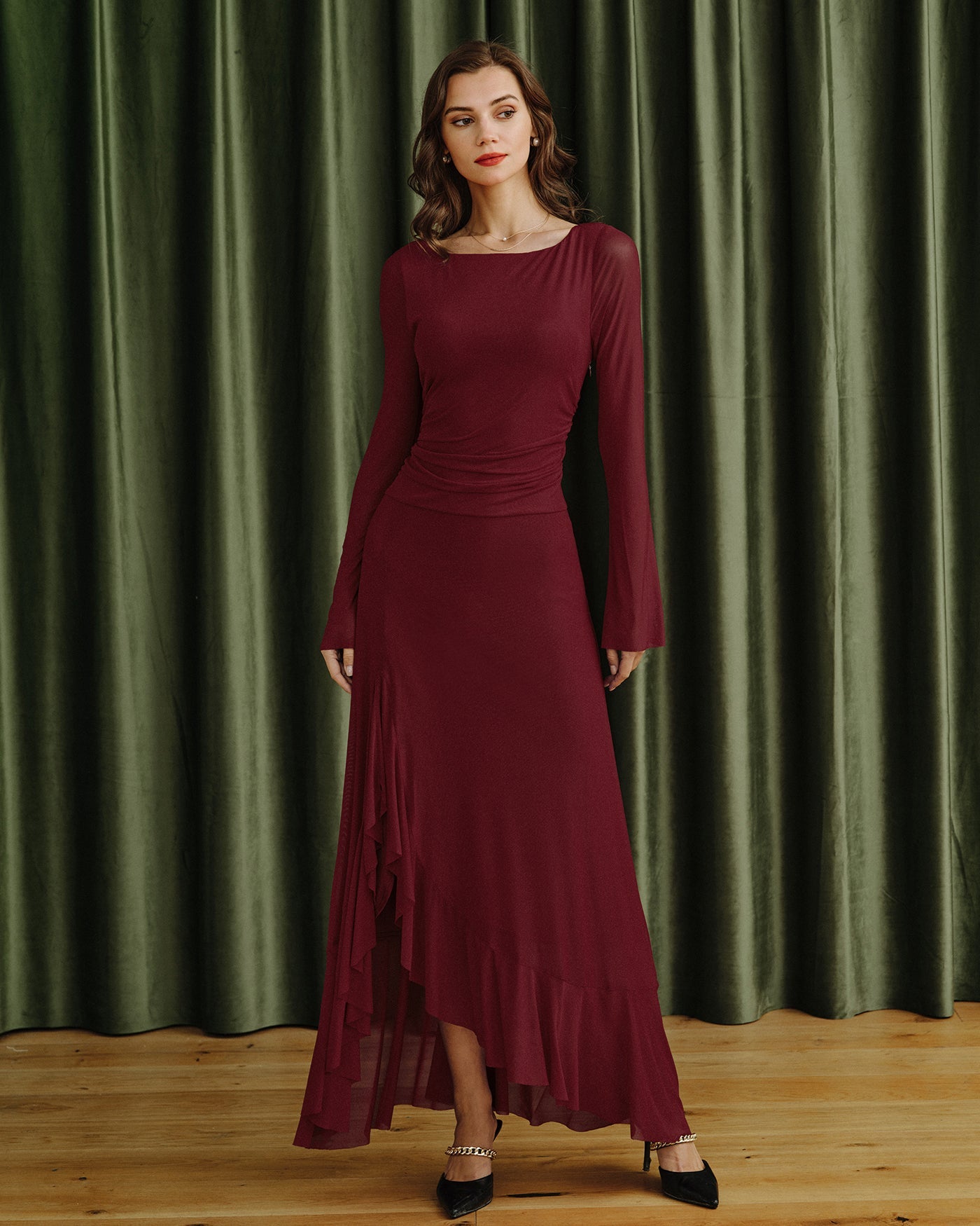 Crimson Boat Neck Maxi Dress