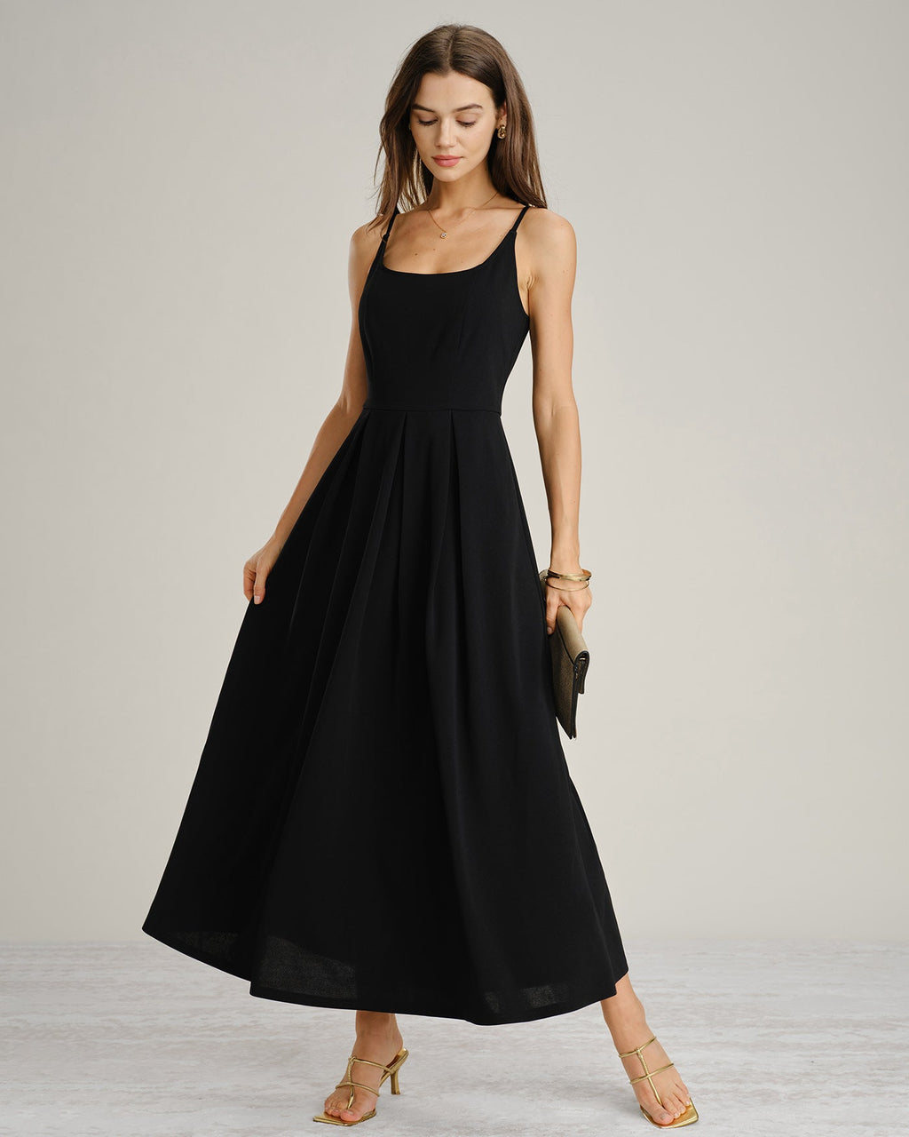 Black A-Line Maxi Dress with Ruched Slip Design
