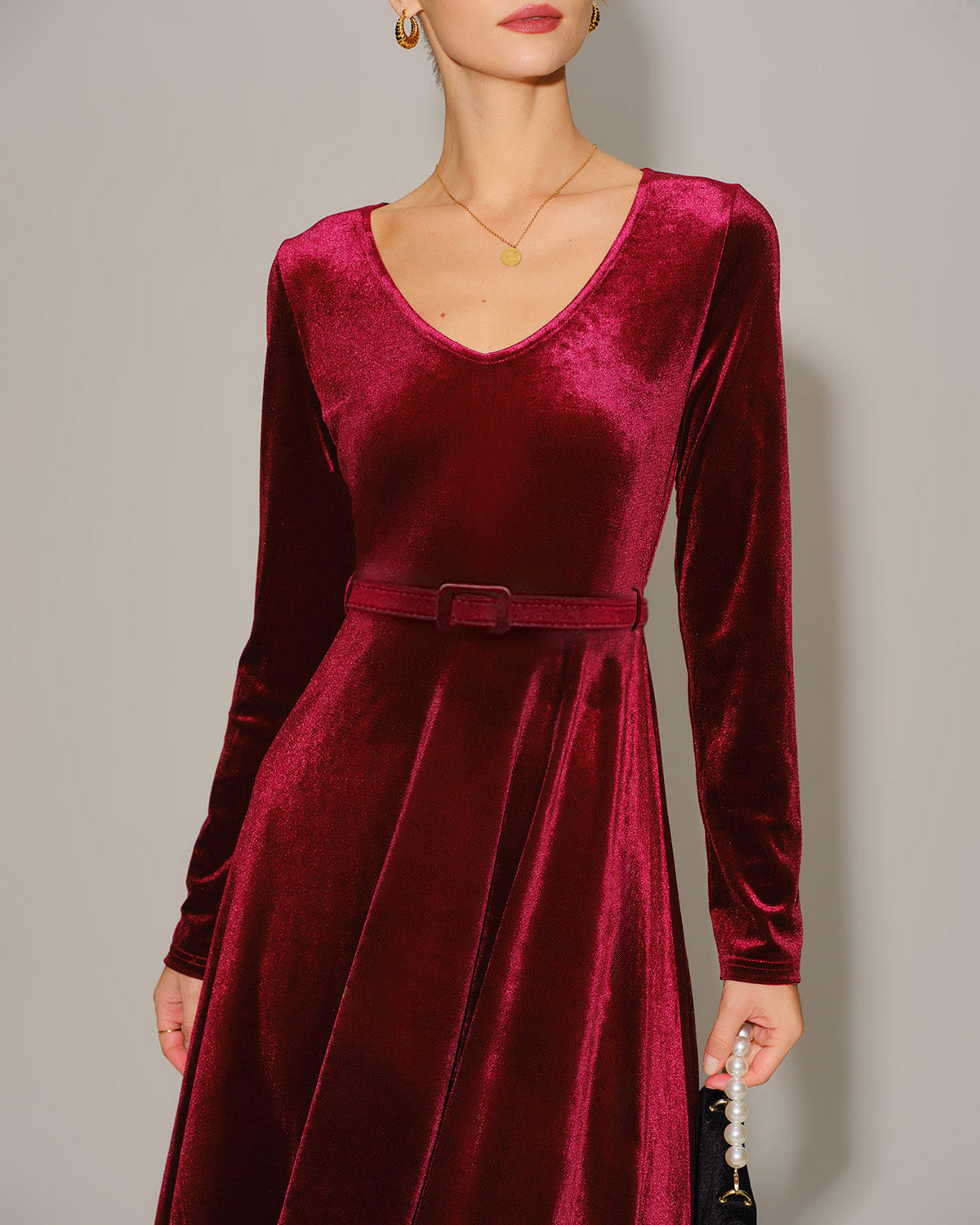 V Neck Maxi Dress in Wine Red Velour