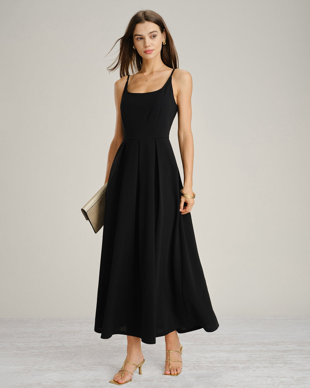 Black A-Line Maxi Dress with Ruched Slip Design