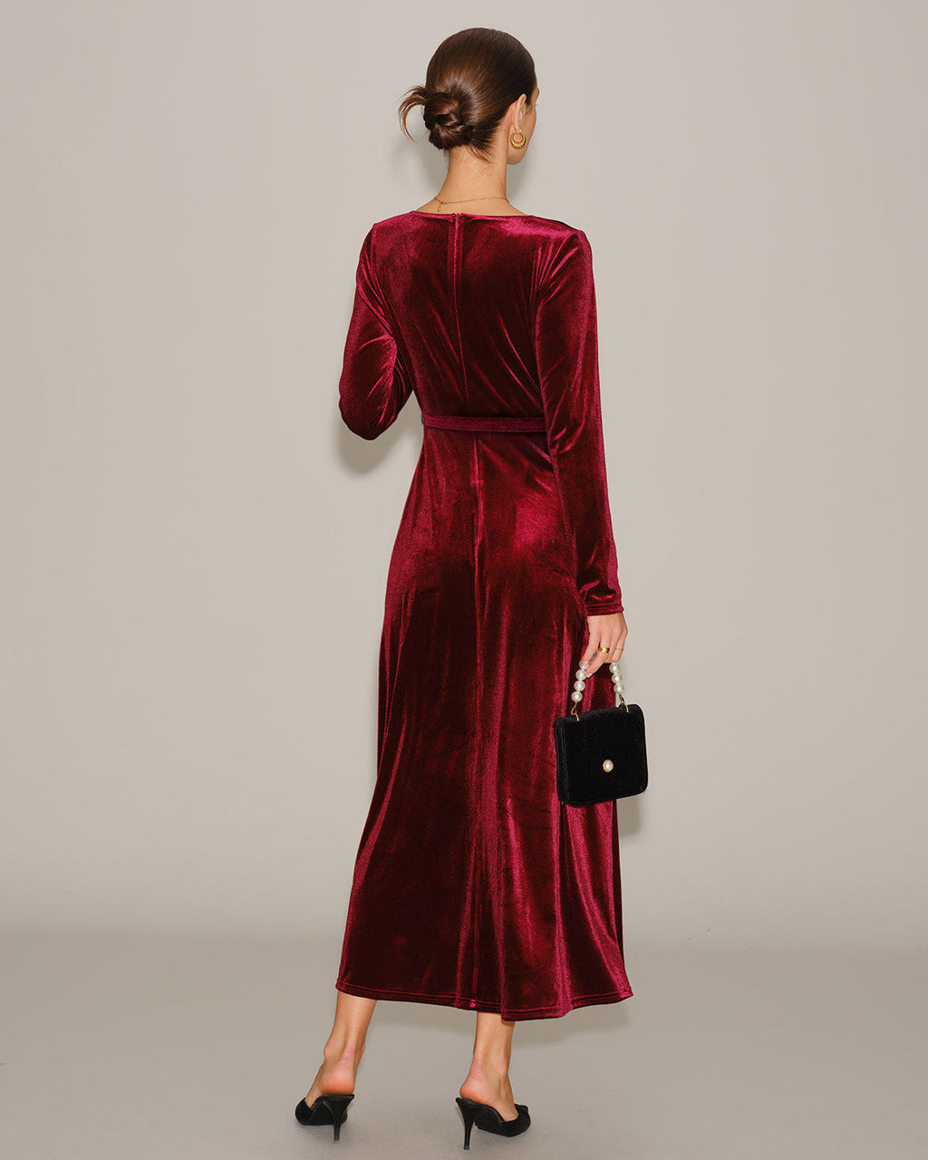 V Neck Maxi Dress in Wine Red Velour