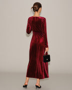 V Neck Maxi Dress in Wine Red Velour