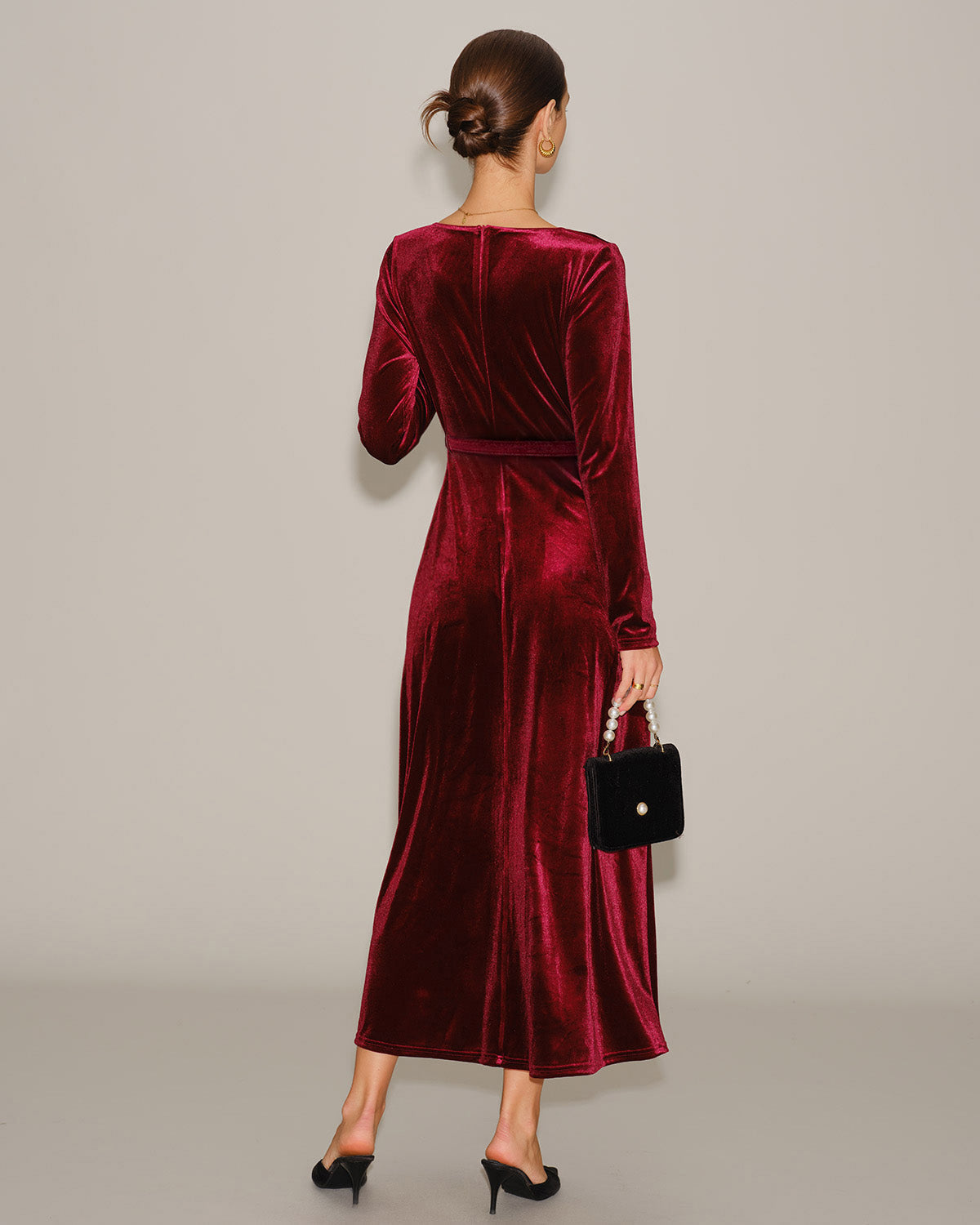V Neck Maxi Dress in Wine Red Velour
