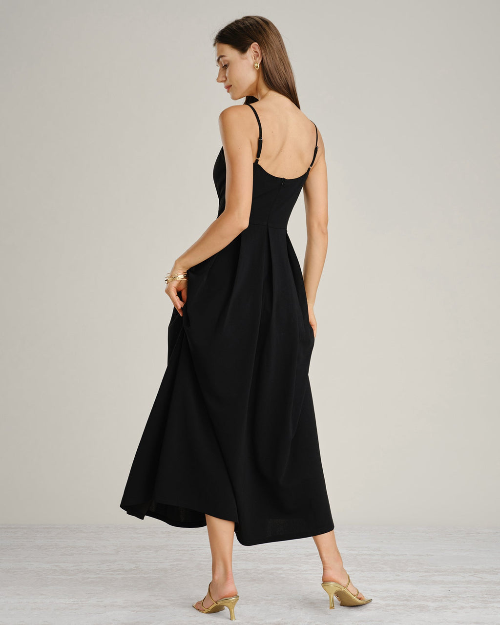 Black A-Line Maxi Dress with Ruched Slip Design