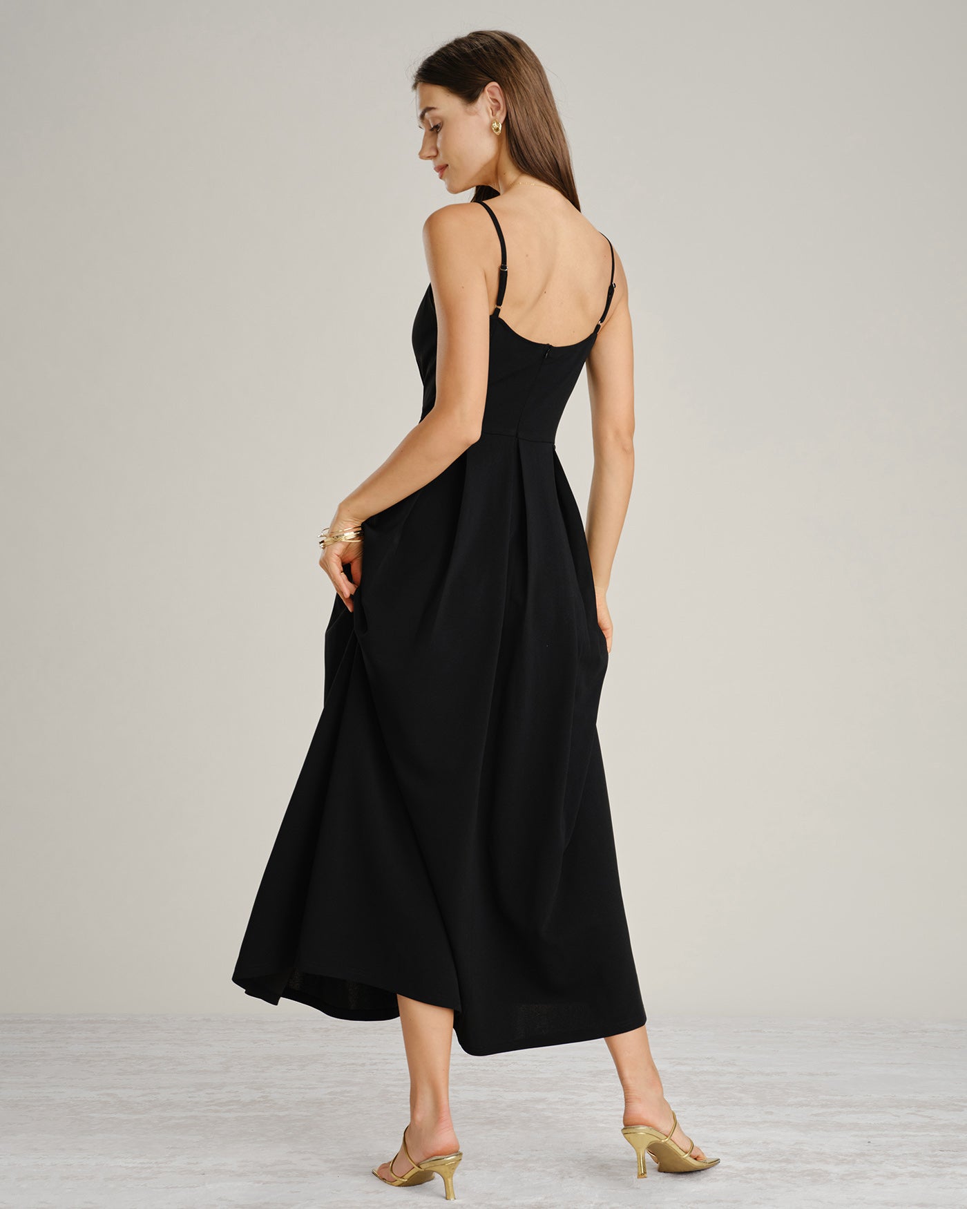Black A-Line Maxi Dress with Ruched Slip Design