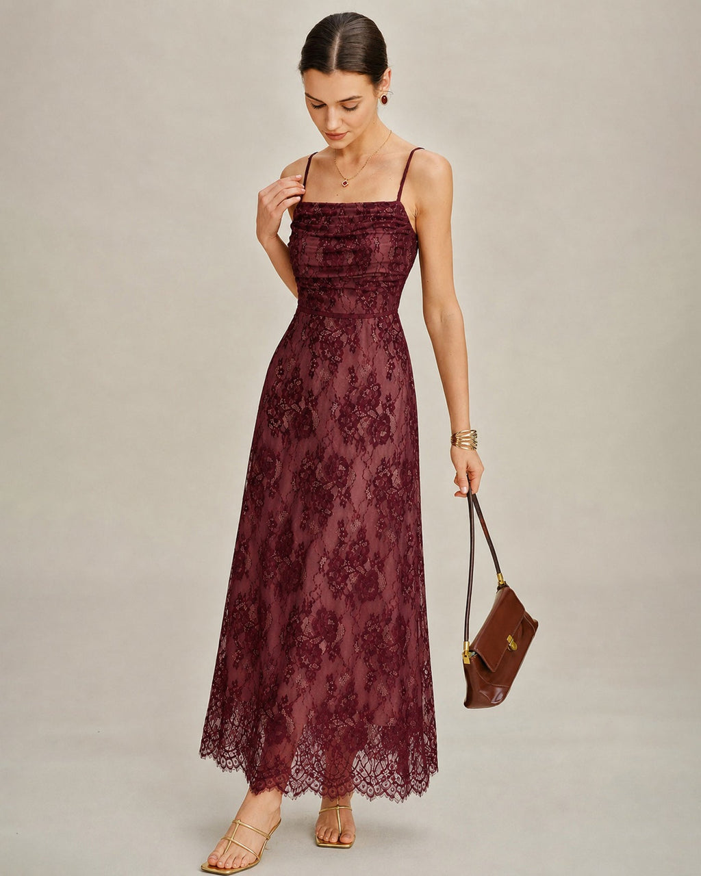 Maxi Dress with Lace Slip in Wine Red