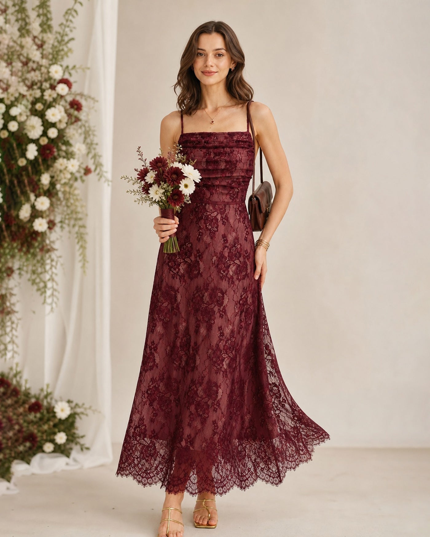 Maxi Dress with Lace Slip in Wine Red