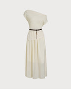 Apricot Boat Neck Midi Dress with Belt
