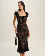 Textured Black Ruffle Mermaid Midi Dress
