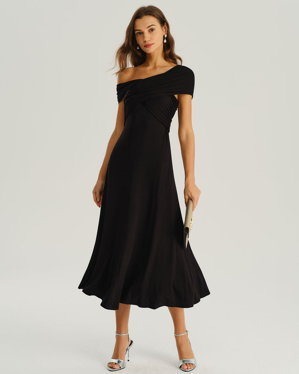 Black A-Line Midi Dress with One Shoulder Design
