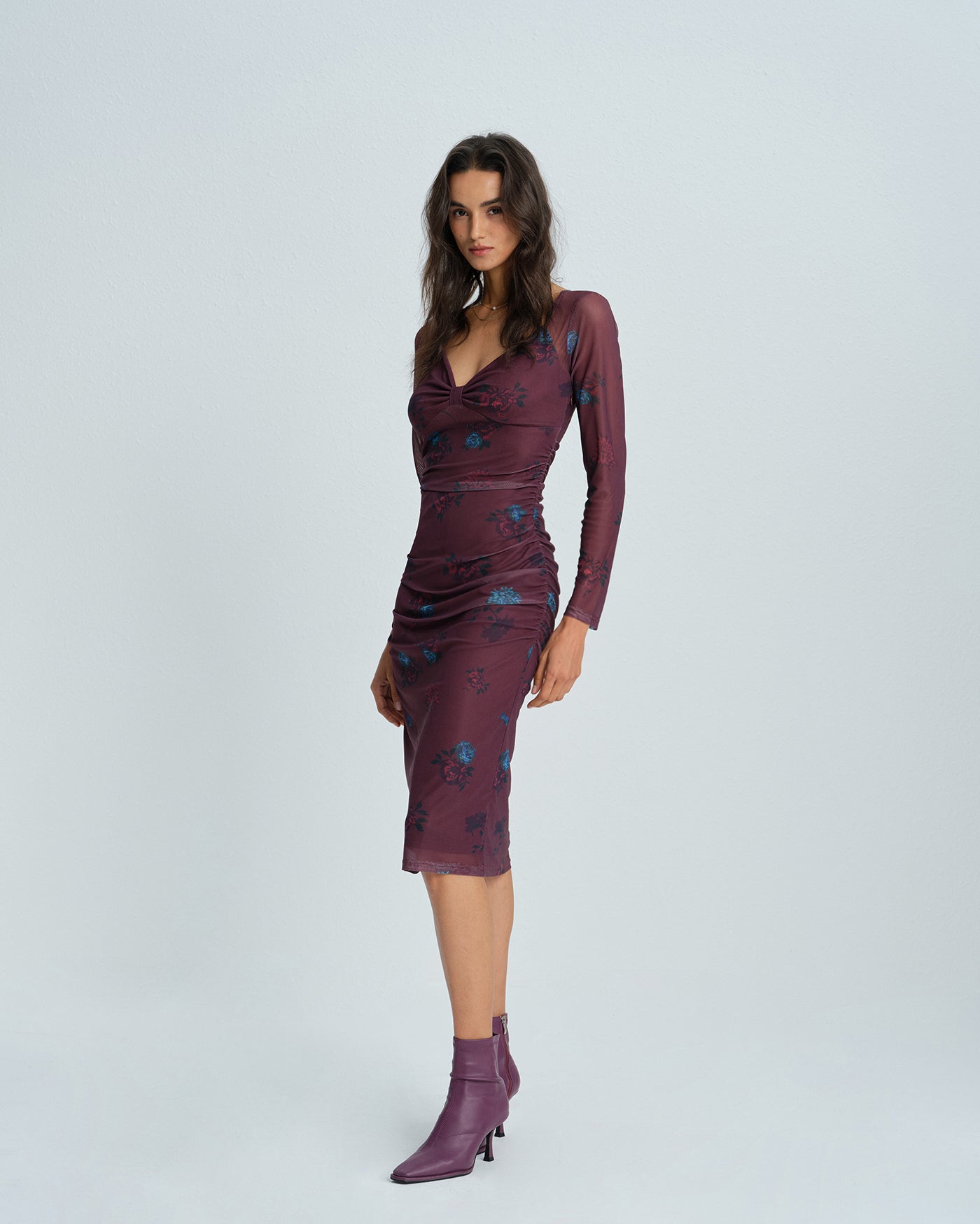 Floral Midi Dress with Purple V-Neck