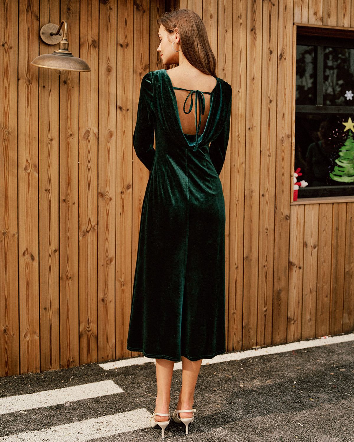 Emerald Velour Boat Neck Ruched Midi Dress