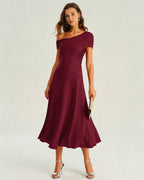Wine Red Asymmetrical Ruched Midi Dress