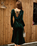 Emerald Velour Boat Neck Ruched Midi Dress
