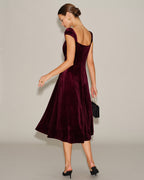 Red Velour Midi Dress with Sweetheart Neckline