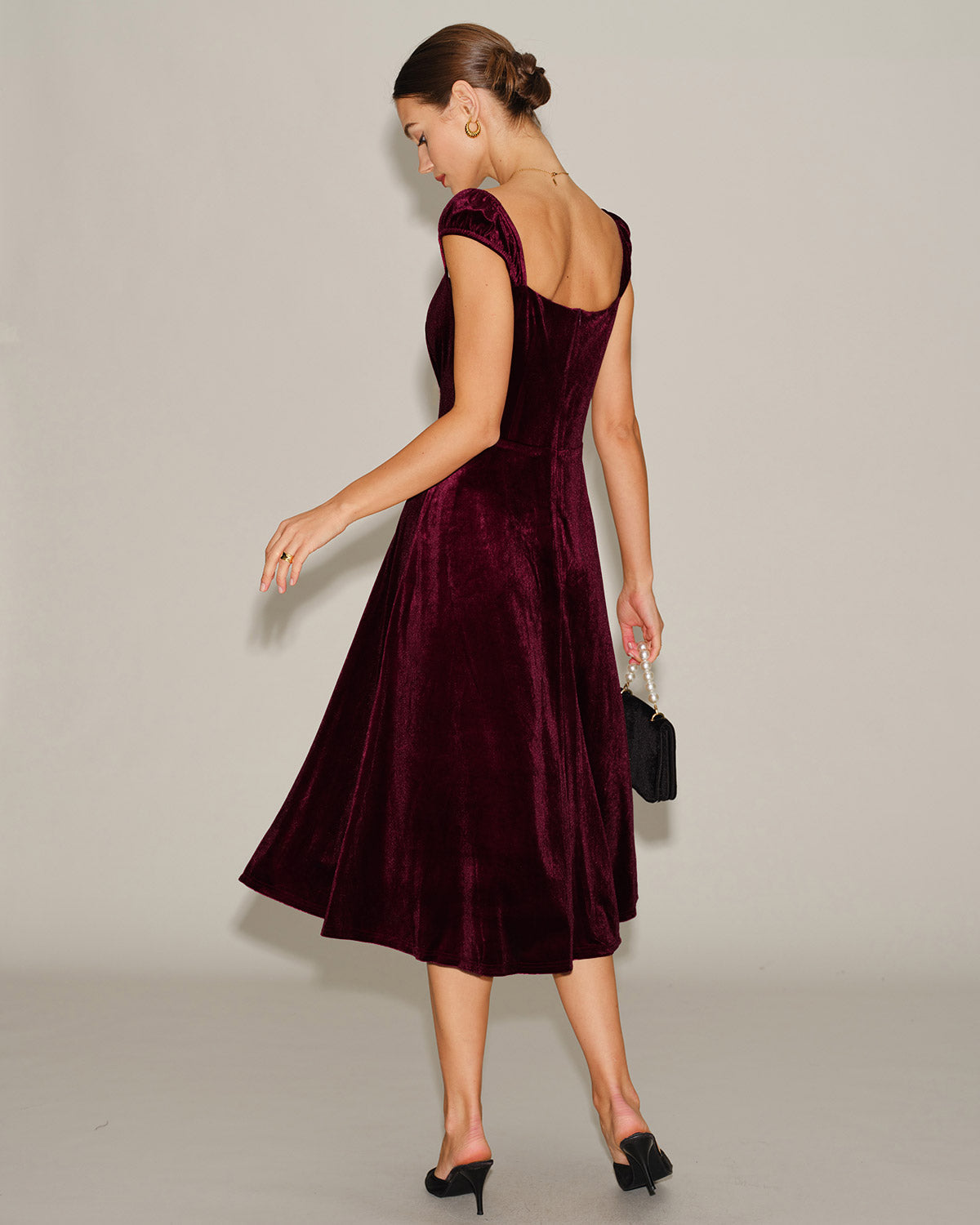 Red Velour Midi Dress with Sweetheart Neckline