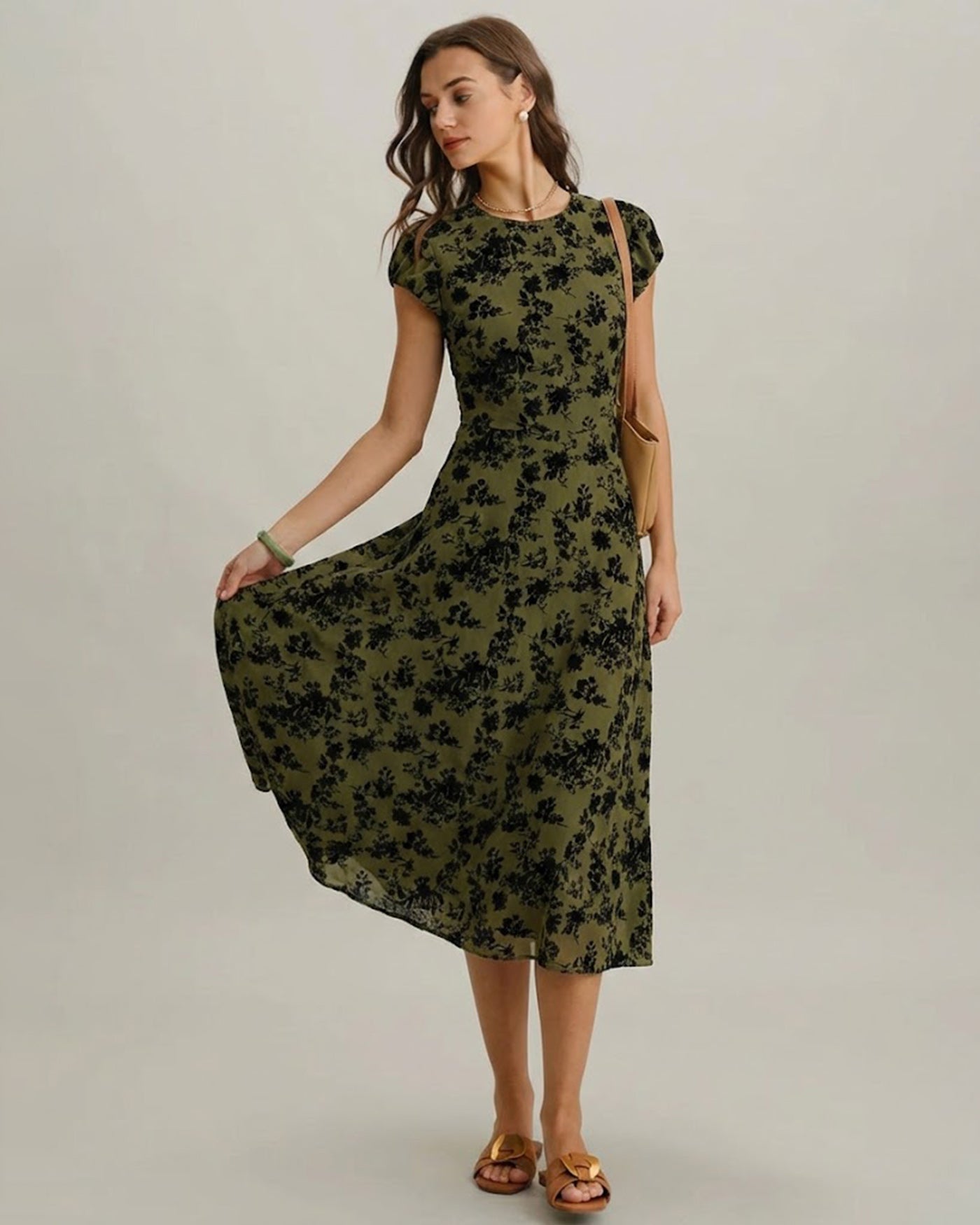 Floral Green A-Line Midi Dress with Cap Sleeves