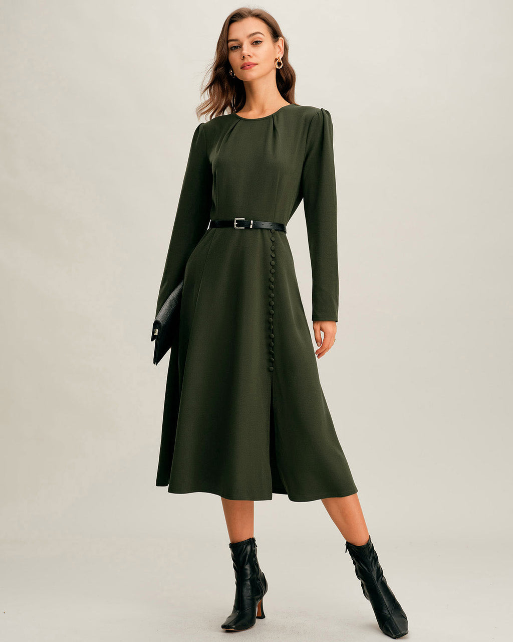 Green Ruched Midi Dress with A-Line Silhouette and Slit