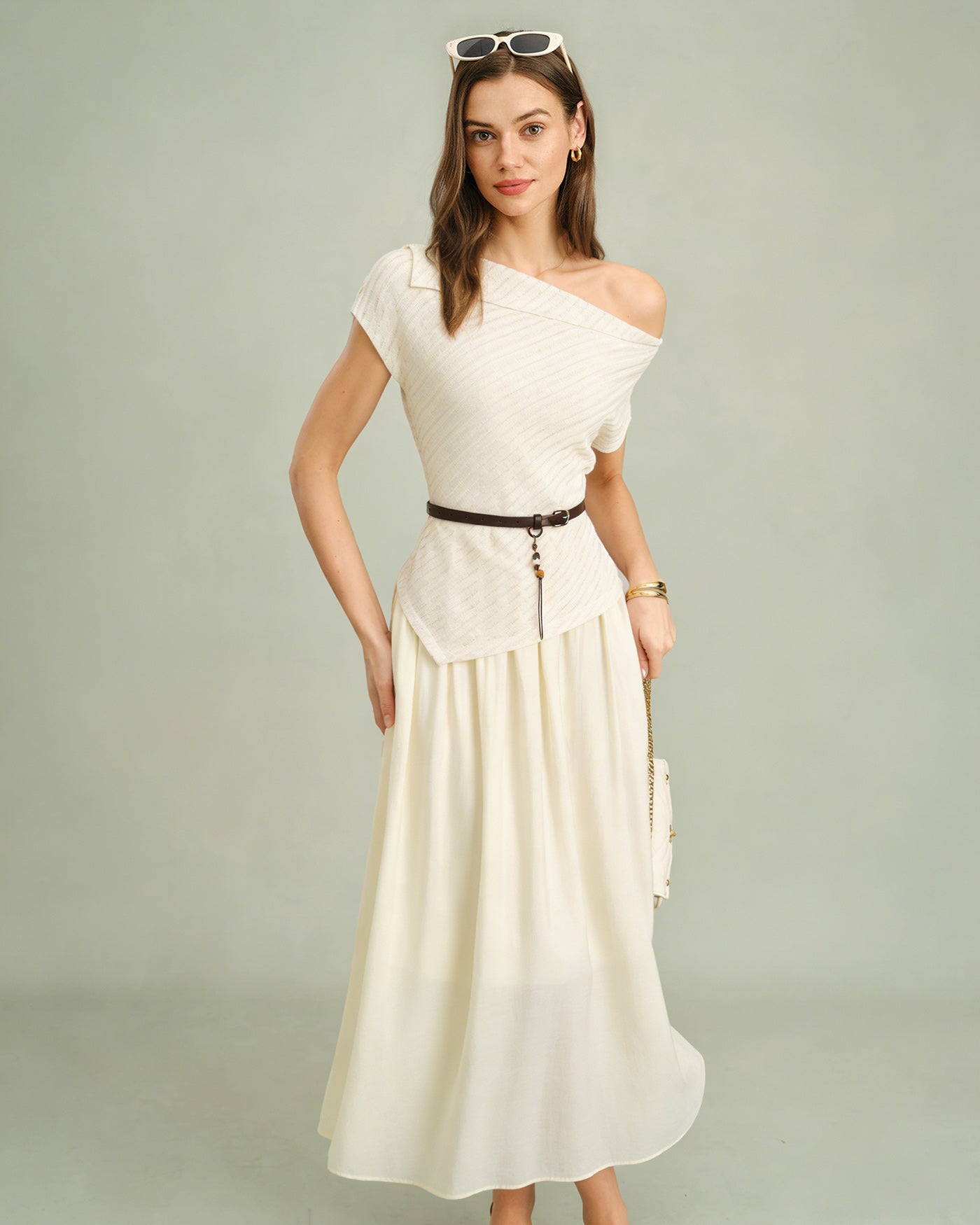 Apricot Boat Neck Midi Dress with Belt