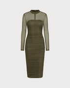 Emerald Ruched Midi Dress with Mock Neck