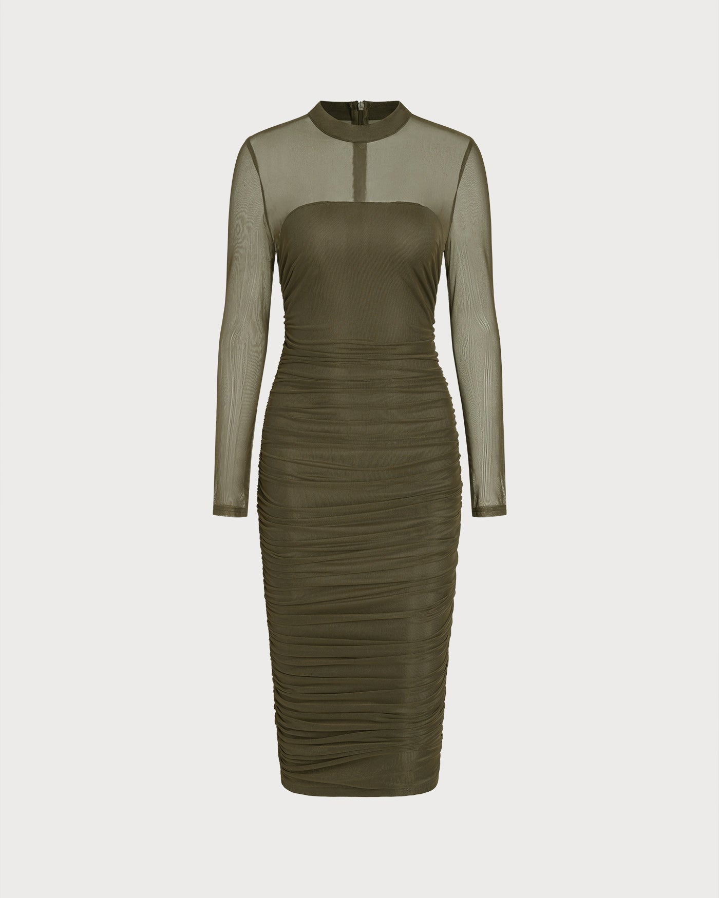 Emerald Ruched Midi Dress with Mock Neck
