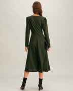Green Ruched Midi Dress with A-Line Silhouette and Slit