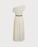 Apricot Boat Neck Midi Dress with Belt
