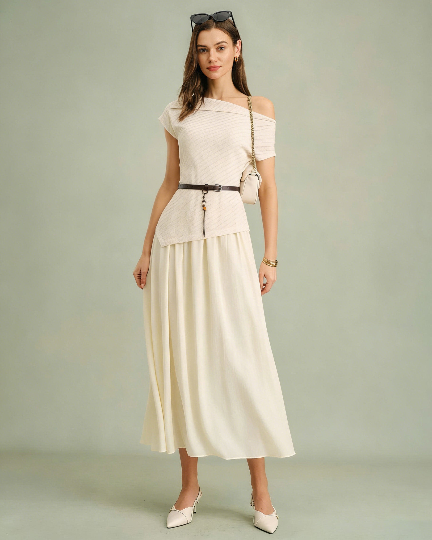 Apricot Boat Neck Midi Dress with Belt