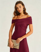 Wine Red Asymmetrical Ruched Midi Dress