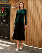 Emerald Velour Boat Neck Ruched Midi Dress