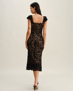 Textured Black Ruffle Mermaid Midi Dress