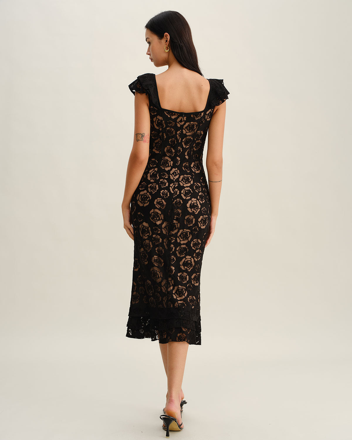 Textured Black Ruffle Mermaid Midi Dress