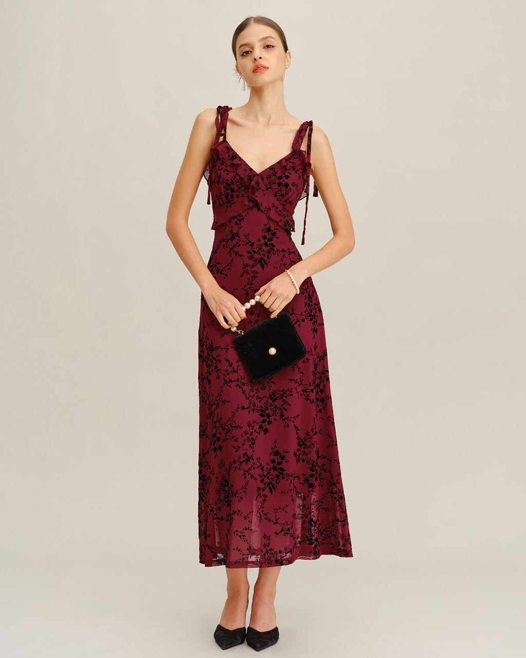 Red Floral Ruffled Midi Slip Dress