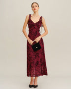 Red Floral Ruffled Midi Slip Dress