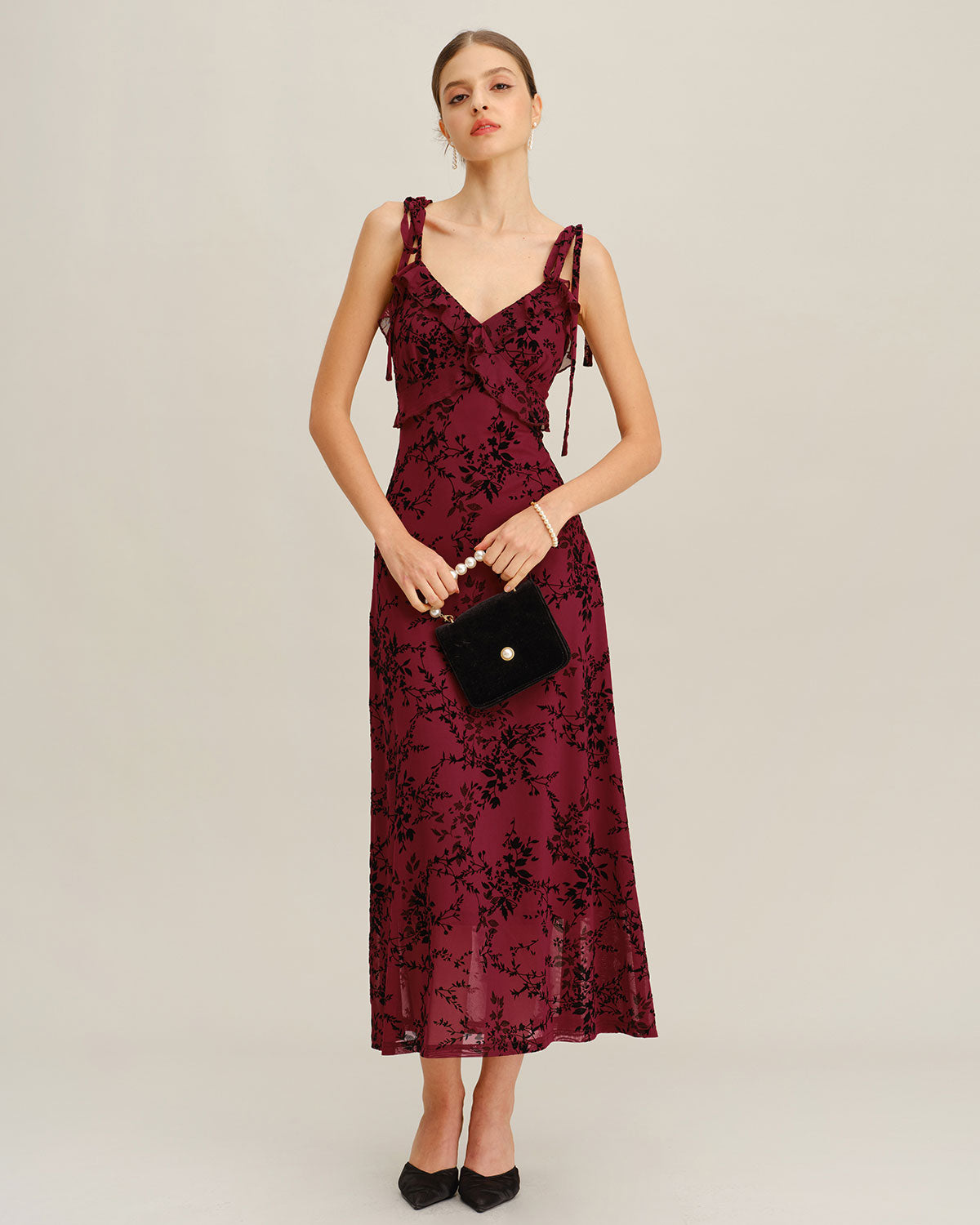 Red Floral Ruffled Midi Slip Dress