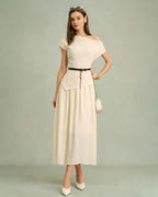 Apricot Boat Neck Midi Dress with Belt
