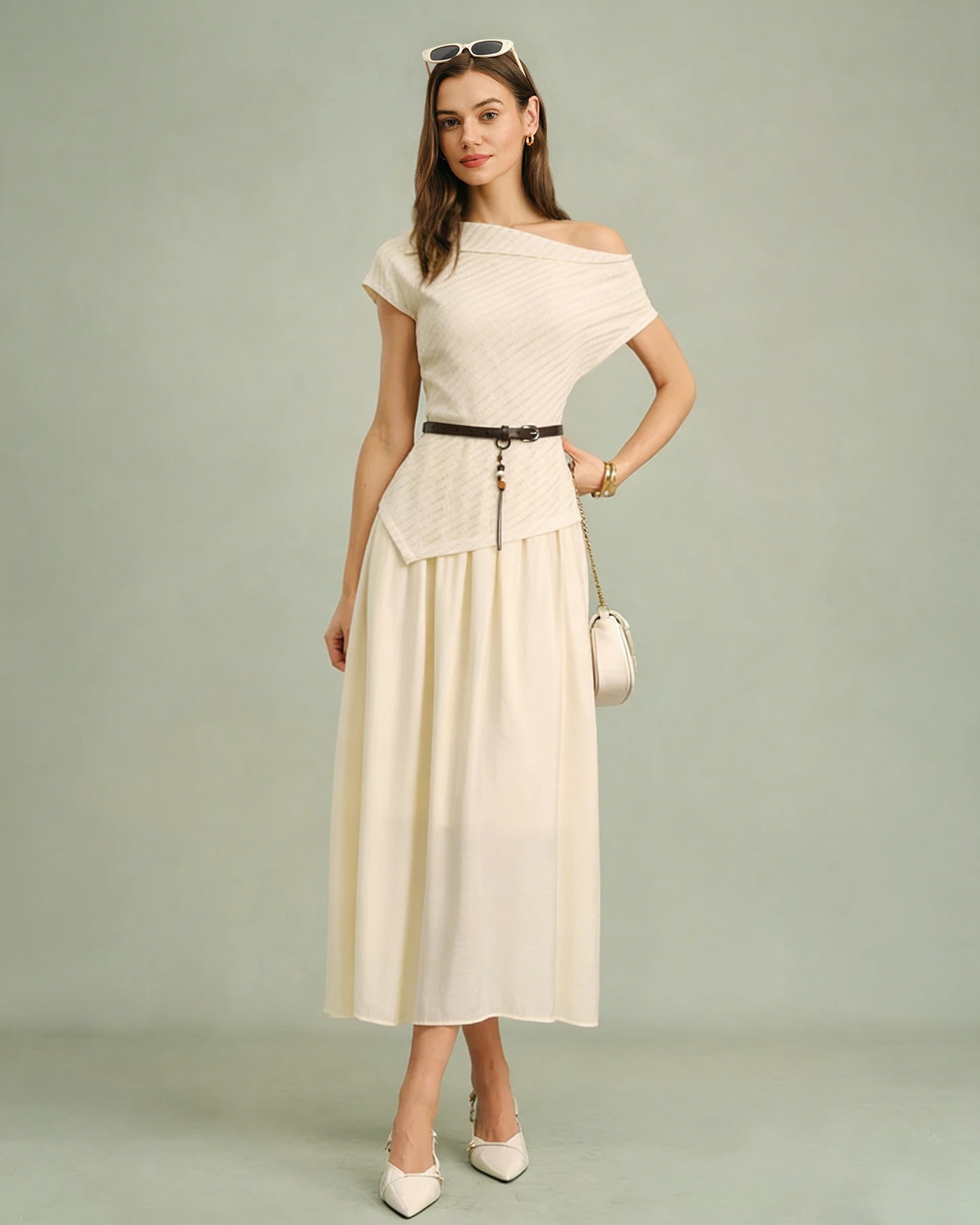 Apricot Boat Neck Midi Dress with Belt