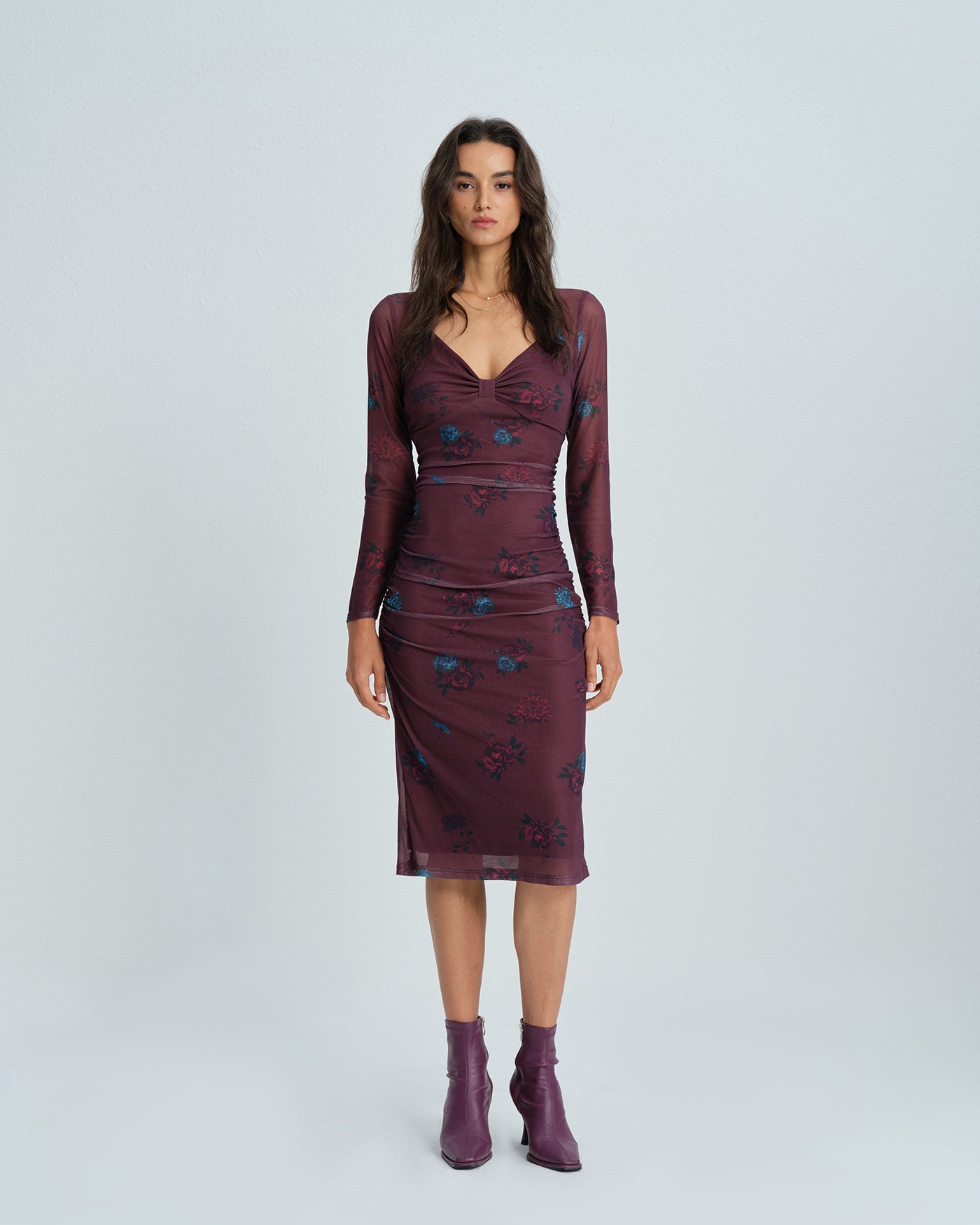 Floral Midi Dress with Purple V-Neck