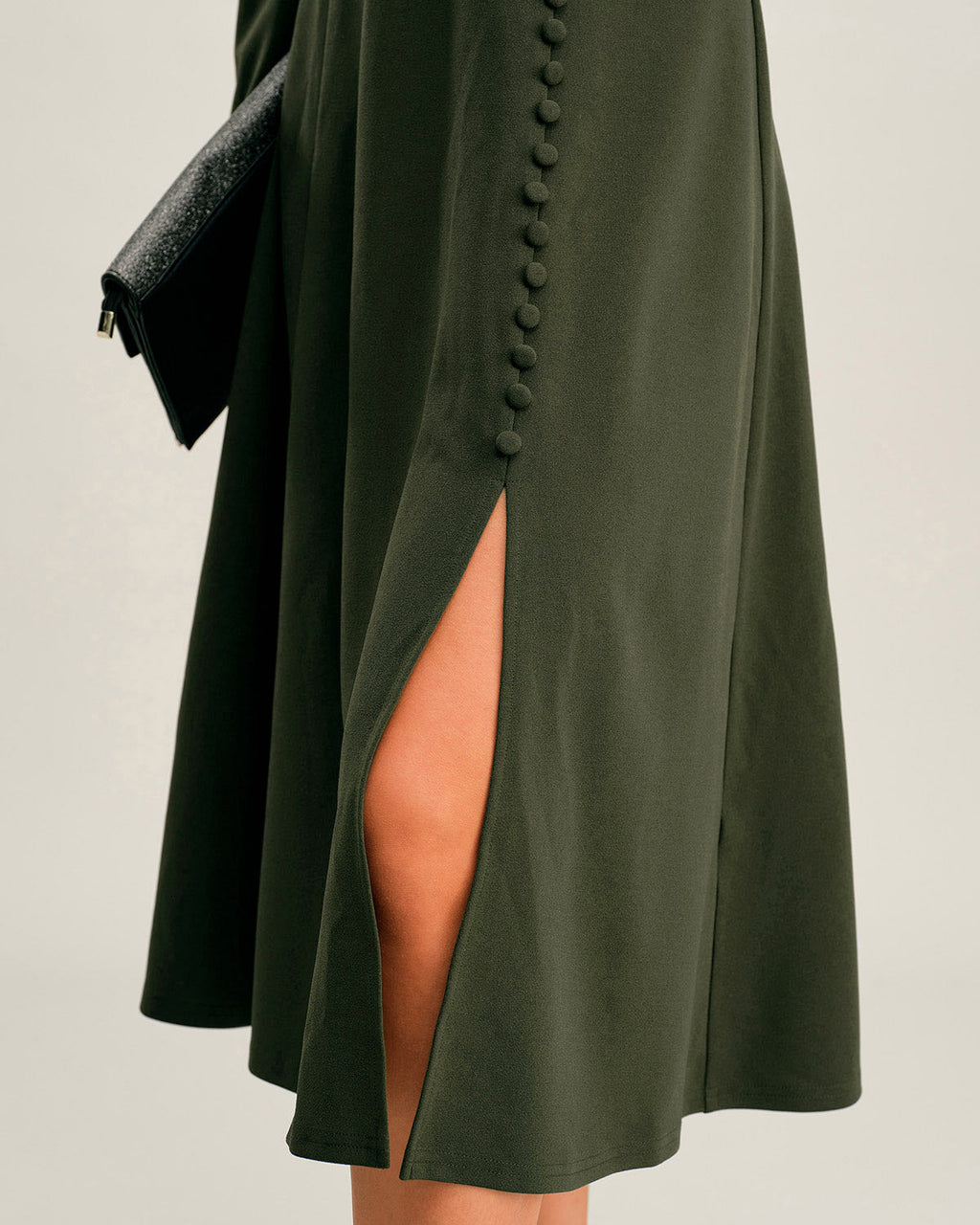 Green Ruched Midi Dress with A-Line Silhouette and Slit