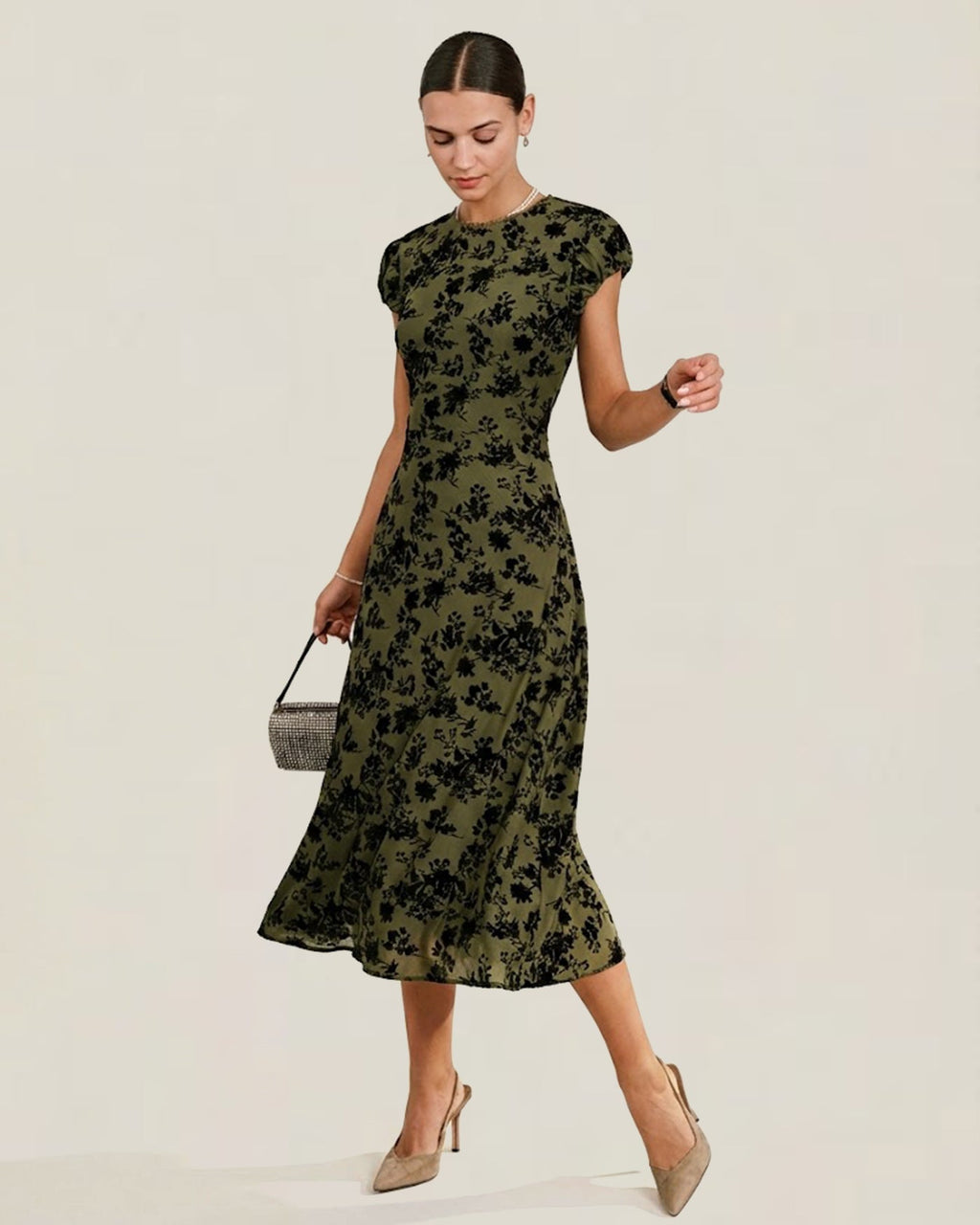 Floral Green A-Line Midi Dress with Cap Sleeves
