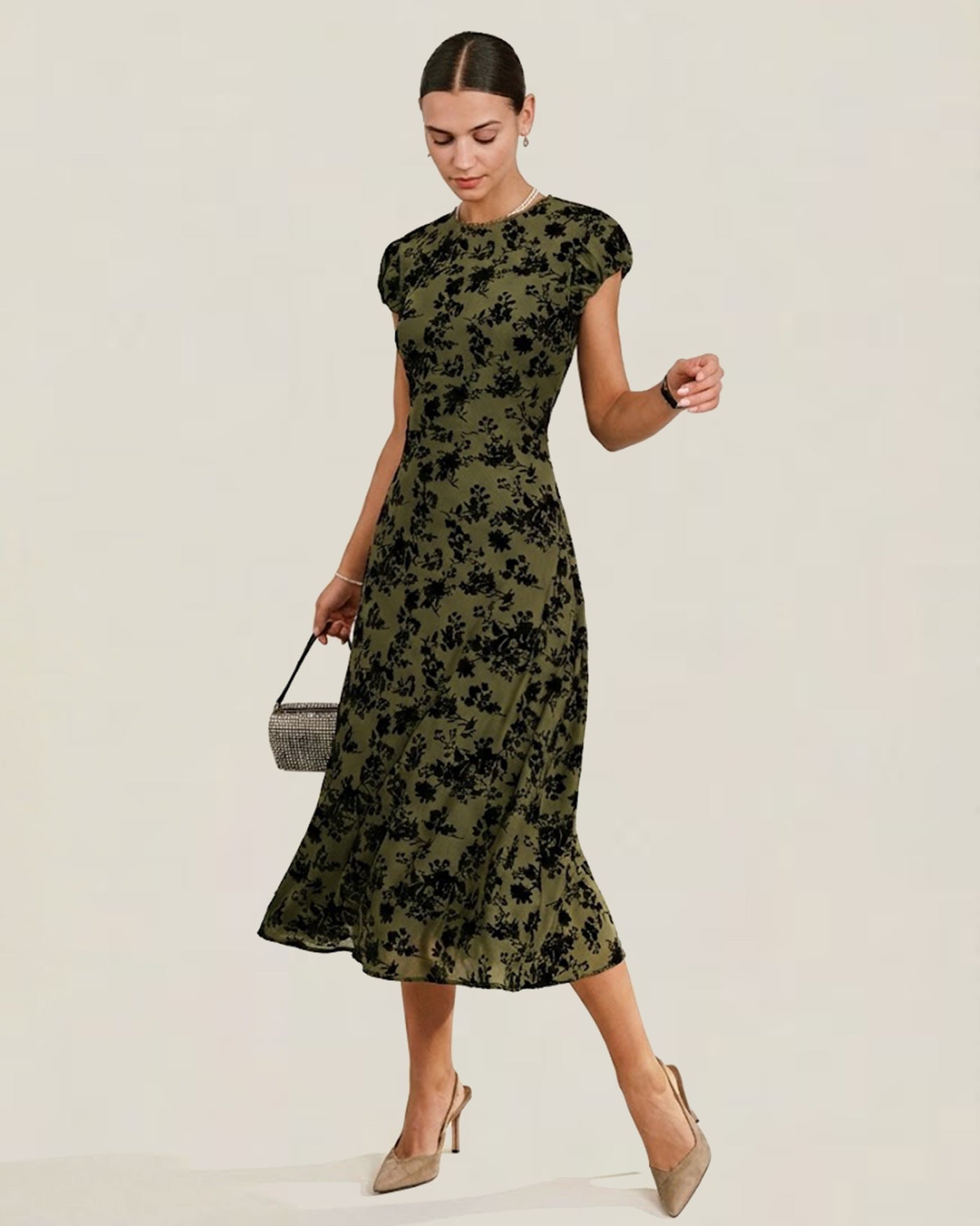 Floral Green A-Line Midi Dress with Cap Sleeves