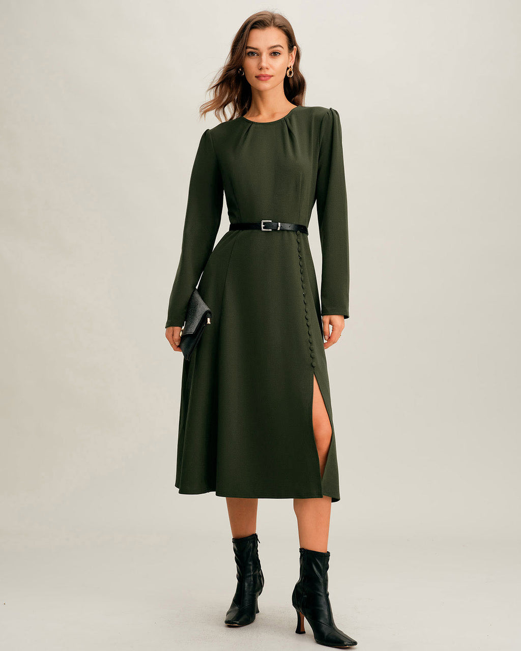 Green Ruched Midi Dress with A-Line Silhouette and Slit
