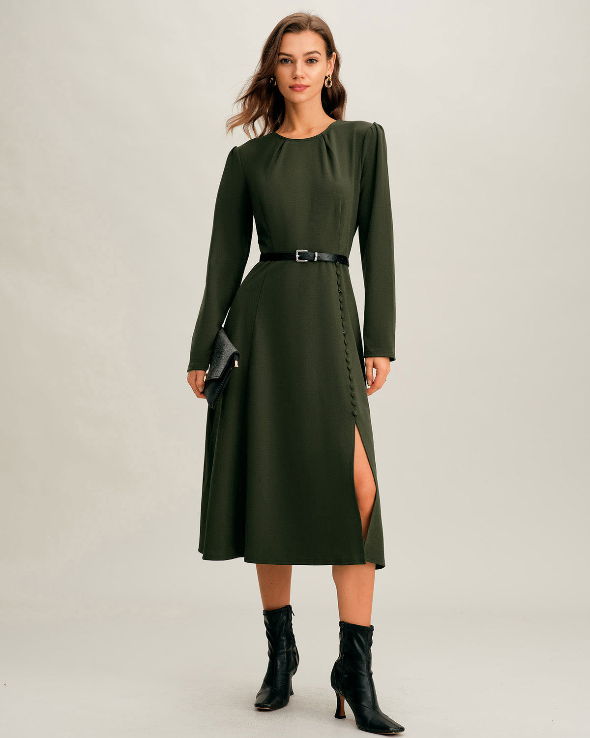 Green Ruched Midi Dress with A-Line Silhouette and Slit