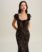 Textured Black Ruffle Mermaid Midi Dress