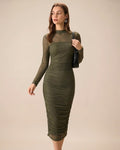 Emerald Ruched Midi Dress with Mock Neck