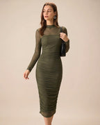 Emerald Ruched Midi Dress with Mock Neck